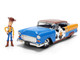 1955 Chevrolet Bel Air Blue with Graphics and Woody Diecast Figure Toy Story Franchise Hollywood Rides Series 1/24 Diecast Model Car Jada 37430