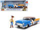 1955 Chevrolet Bel Air Blue with Graphics and Woody Diecast Figure Toy Story Franchise Hollywood Rides Series 1/24 Diecast Model Car Jada 37430