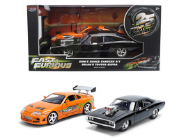 Dom s 1970 Dodge Charger R T Black and Brian s Toyota Supra Orange with Graphics Set of 2 Cars Fast & Furious 25th Anniversary Fast & Furious Series 1/24 Diecast Model Cars Jada 37542