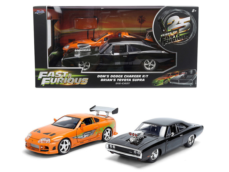 Dom s 1970 Dodge Charger R T Black and Brian s Toyota Supra Orange with Graphics Set of 2 Cars Fast & Furious 25th Anniversary Fast & Furious Series 1/24 Diecast Model Cars Jada 37542