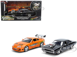 Dom s 1970 Dodge Charger R T Black and Brian s Toyota Supra Orange with Graphics Set of 2 Cars Fast & Furious 25th Anniversary Fast & Furious Series 1/24 Diecast Model Cars Jada 37542