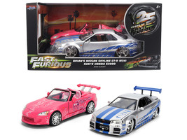 Brian s Nissan Skyline GT R R34 Silver Metallic with Blue Stripes and Suki s Honda S2000 Pink with Graphics Set of 2 Cars Fast & Furious 25th Anniversary Fast & Furious Series 1/24 Diecast Model Cars Jada 37543