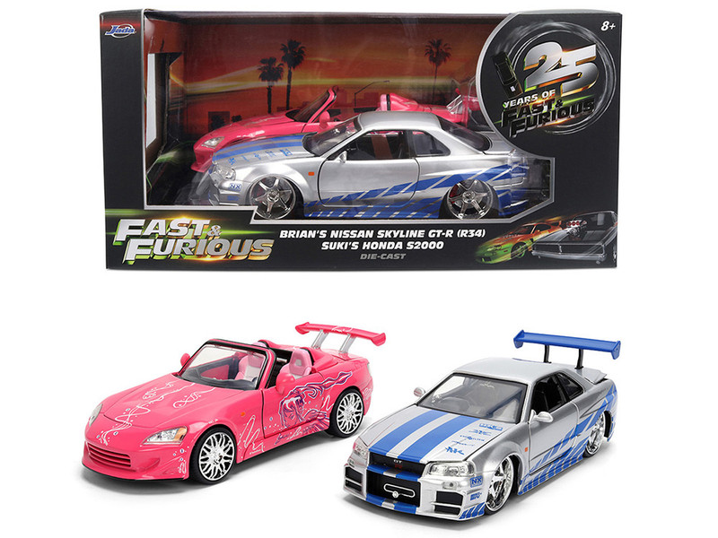 Brian s Nissan Skyline GT R R34 Silver Metallic with Blue Stripes and Suki s Honda S2000 Pink with Graphics Set of 2 Cars Fast & Furious 25th Anniversary Fast & Furious Series 1/24 Diecast Model Cars Jada 37543