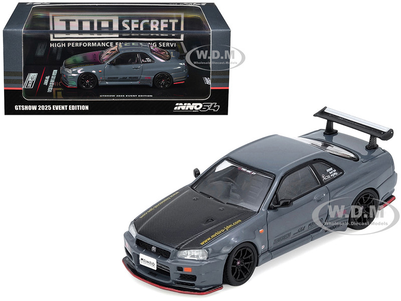 Nissan Skyline GT R R34 Top Secret RHD Right Hand Drive Stealth Gray with Carbon Hood GTSHOW 2025 Event Edition 1/64 Diecast Model Car Inno Models IN64-R34TS-GTSHOW25
