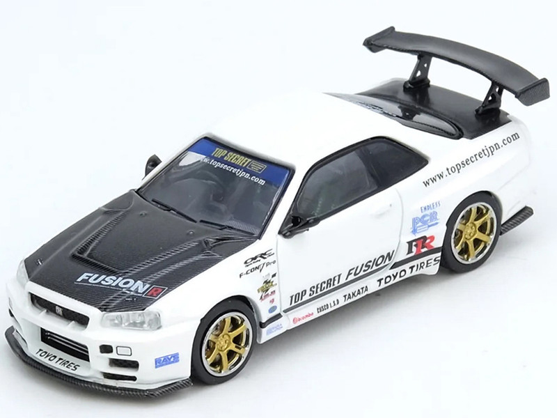 Nissan Skyline GT R R34 Top Secret RHD Right Hand Drive White with Carbon Hood 1/64 Diecast Model Car Inno Models IN64-R34TS-WHI