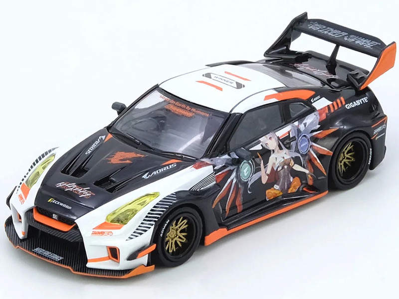 Nissan GT R R35 Widebody RHD Right Hand Drive Black and White with Graphics AORUS X INNO64 Limited Edition 1/64 Diecast Model Car Inno Models IN64-R35LB-AORUS