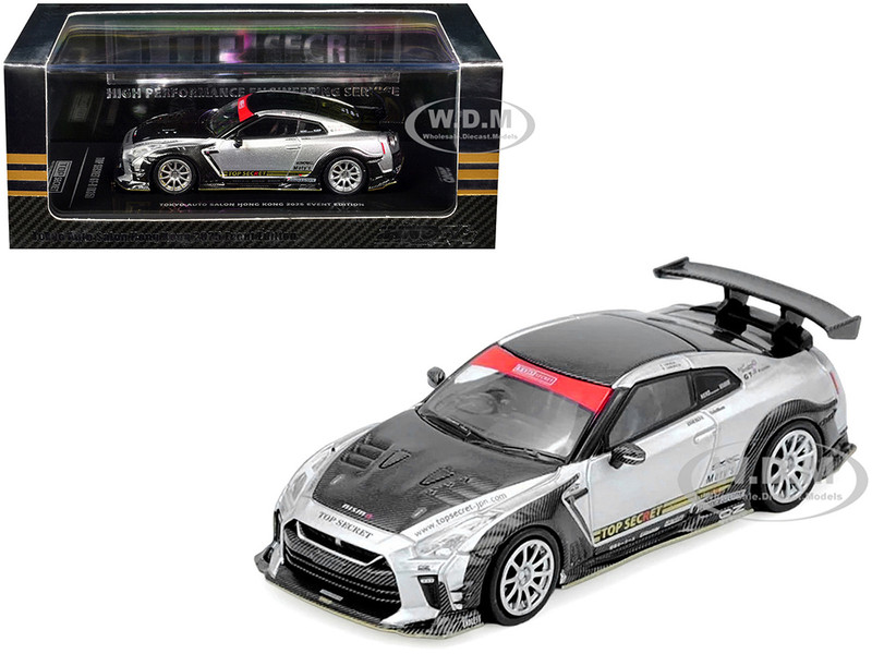 Nissan GT R R35 Top Secret RHD Right Hand Drive Silver Metallic with Carbon Hood and Top Tokyo Auto Salon Hong Kong 2025 Event Edition 1/64 Diecast Model Car Inno Models IN64-R35TS-TASHK25