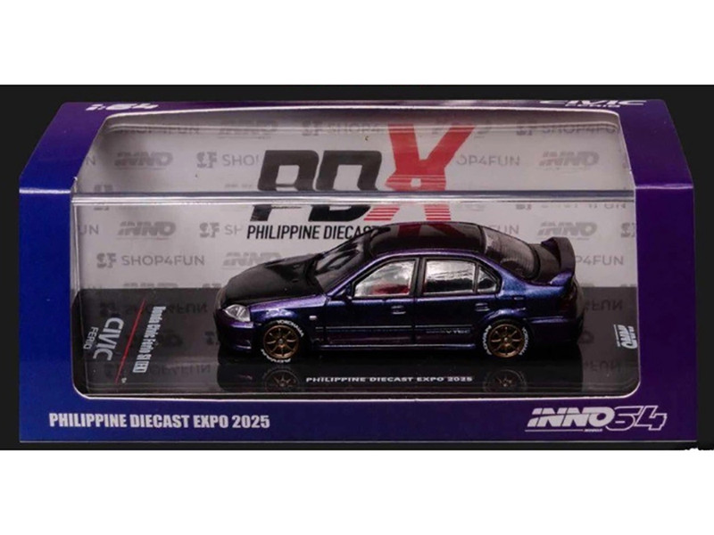 Honda Civic Ferio Si EK RHD Right Hand Drive Midnight Purple Metallic Philippine Diecast Expo 2025 Event Edition 1/64 Diecast Model Car Inno Models IN64-EKS-MP-PDX25