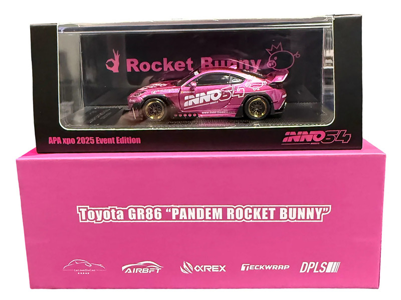 Toyota GR86 Pandem Rocket Bunny RHD Right Hand Drive Pink Metallic with Graphics APA XPO 2025 Event Exclusive 1/64 Diecast Model Car Inno Models IN64-GR86P-APA25