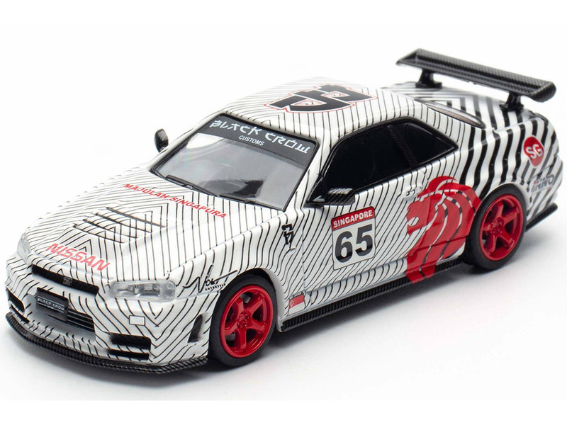 Nissan Skyline GT R R34 RHD Right Hand Drive #65 Black Crow White with Black Pinstripes Singapore Diecast Expo 2025 Event Edition 1/64 Diecast Model Car Inno Models IN64-R34-BC-SGDE25