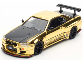 Nissan Skyline GT R R34 Top Secret RHD Right Hand Drive Gold Chrome with Carbon Hood GTSHOW 2025 VIP Limited Edition 1/64 Diecast Model Car Inno Models IN64-R34TS-GTSHOW25VIP