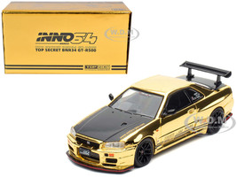 Nissan Skyline GT R R34 Top Secret RHD Right Hand Drive Gold Chrome with Carbon Hood GTSHOW 2025 VIP Limited Edition 1/64 Diecast Model Car Inno Models IN64-R34TS-GTSHOW25VIP