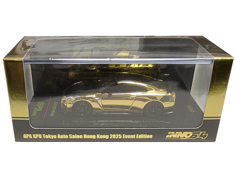 Nissan GT R R35 Nismo RHD Right Hand Drive Gold Chrome with Carbon Hood and Top APA XPO Tokyo Auto Salon Hong Kong 2025 Event Edition 1/64 Diecast Model Car Inno Models IN64-R35N-APAXPO-TASHK25