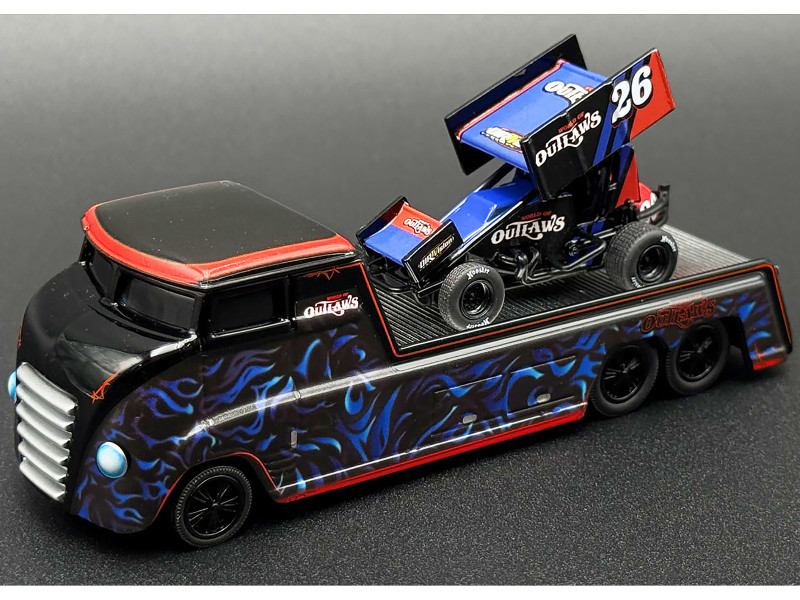 World Of Outlaws 2026 Winged Sprint Car #26 Black with Stripes and Custom Hauler Black with Graphics 1/64 Diecast Model Cars ACME SC64009