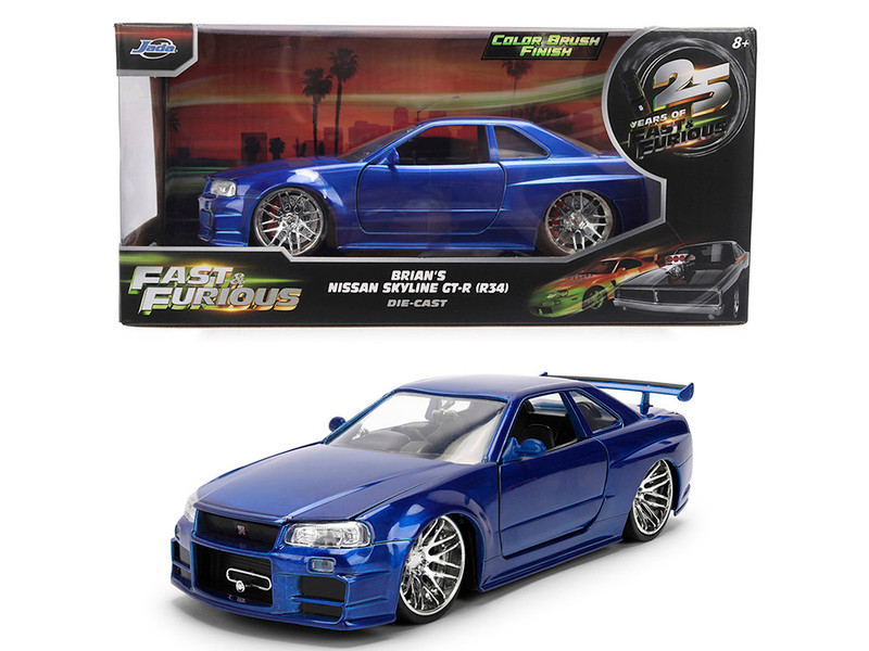Brian s Nissan Skyline GT R R34 RHD Right Hand Drive Blue Color Brush Finish 25 Years of Fast & Furious Anniversary 2 Fast 2 Furious 2003 Movie Fast & Furious Series 1/24 Diecast Model Car Jada 37704