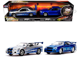 Brian s Nissan Skyline GT R BNR34 Silver with Blue Stripes and Nissan GT R BNR34 Blue Metallic Set of 2 pieces 25 Years of Fast & Furious Series 1/32 Diecast Model Cars Jada 31980-25TH