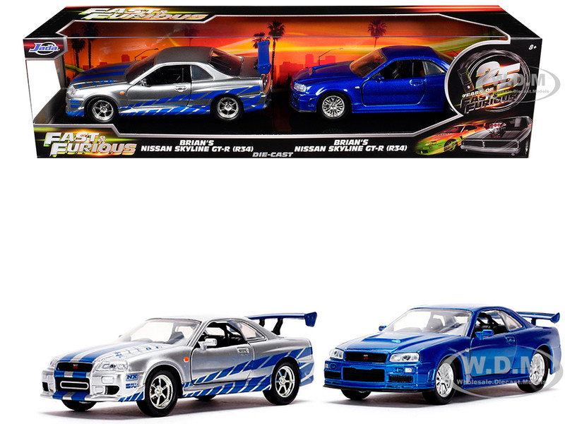 Brian s Nissan Skyline GT R BNR34 Silver with Blue Stripes and Nissan GT R BNR34 Blue Metallic Set of 2 pieces 25 Years of Fast & Furious Series 1/32 Diecast Model Cars Jada 31980-25TH