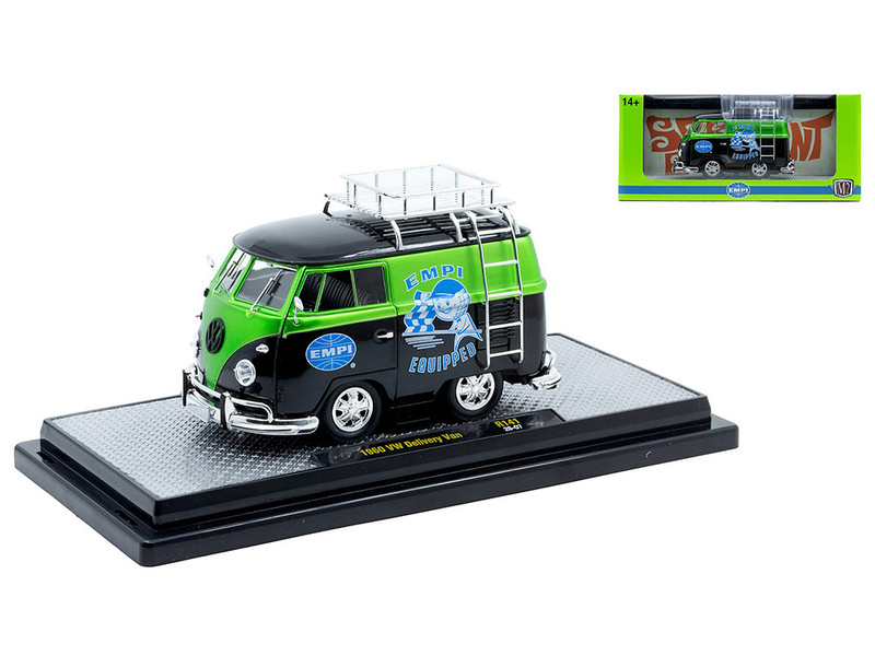 1960 Volkswagen Delivery Van EMPI Equipped Black and Green Metallic with Roof Rack and Ladder Limited Edition to 4050 pieces Worldwide 1/24 Diecast Model Car M2 Machines 40300-141A