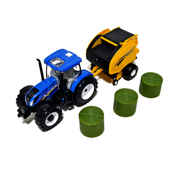 New Holland T6.175 Tractor Blue Roll-Belt 561 Round Baler Yellow 3 Bales 1/32 Diecast Model ERTL TOMY 61029