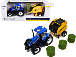 New Holland T6.175 Tractor Blue Roll-Belt 561 Round Baler Yellow 3 Bales 1/32 Diecast Model ERTL TOMY 61029