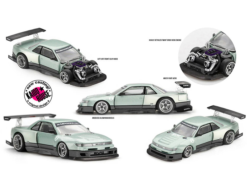 Nissan Silvia S13 R Kaido Works V1 RHD Designed by Jun Imai Light Green Metallic Kaido House Special 1/64 Diecast Model Car Mini GT KHMG232