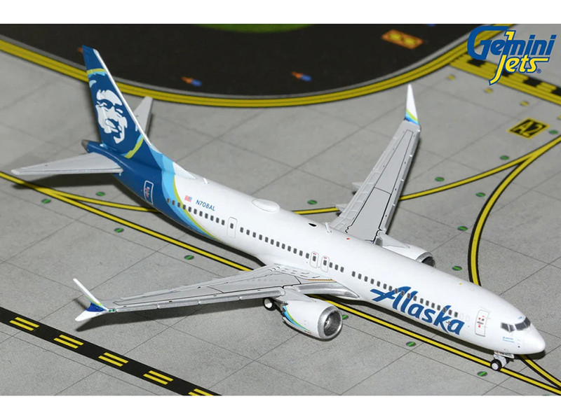 Boeing 737 MAX 9 Commercial Aircraft Alaska Airlines N708AL White with Blue Tail Graphics 1/400 Diecast Model Airplane GeminiJets GJASA2393
