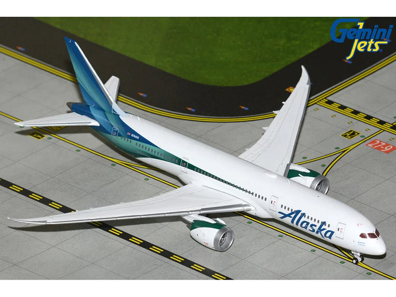Boeing 787 9 Commercial Aircraft Alaska Airlines N784HA White with Blue and Green Tail 1/400 Diecast Model Airplane GeminiJets GJASA2400