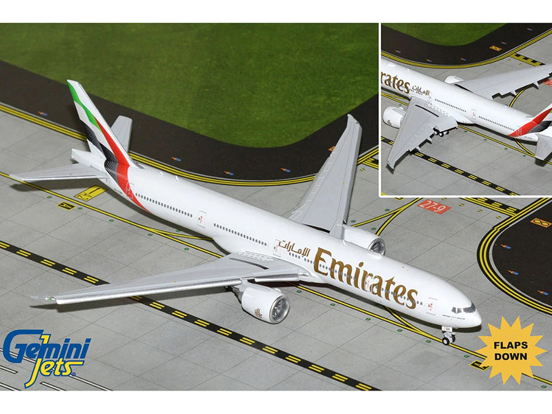 Boeing 777 300ER Commercial Aircraft with Flaps Down Emirates Airlines A6 EQH White with Striped Tail 1/400 Diecast Model Airplane GeminiJets GJUAE2318F