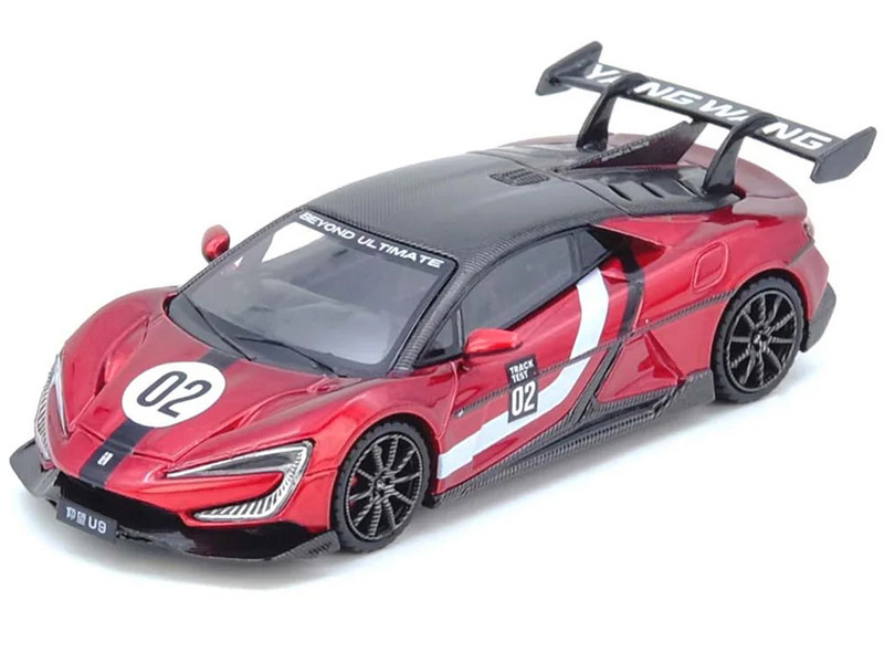 2025 Yangwang U9 Xtreme Test Car #02 Red Metallic with White Stripes and Carbon Top World Fastest EV Supercar 1/64 Diecast Model Car Inno Models IN64-YNU9-NURB