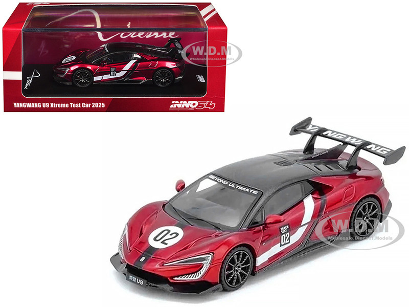 2025 Yangwang U9 Xtreme Test Car #02 Red Metallic with White Stripes and Carbon Top World Fastest EV Supercar 1/64 Diecast Model Car Inno Models IN64-YNU9-NURB
