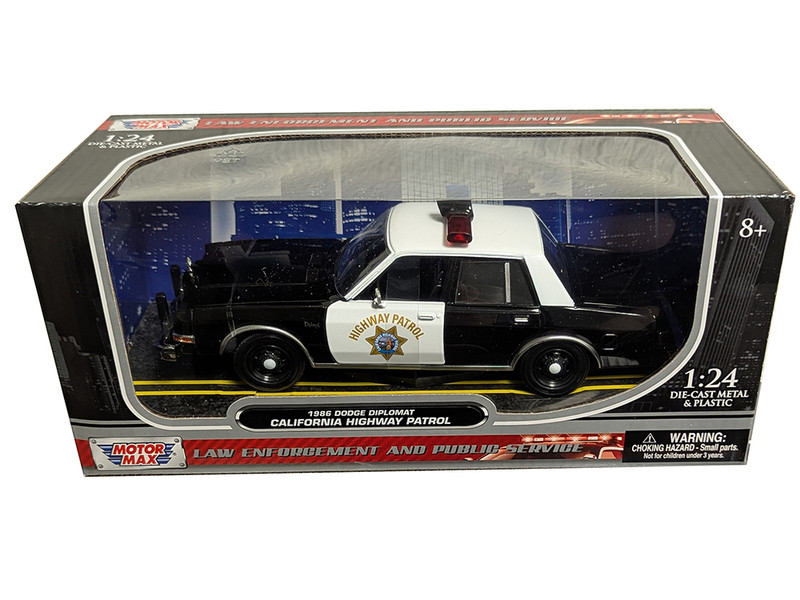 1986 Dodge Diplomat Police Car California Highway Patrol Black and White Law Enforcement and Public Service Series 1/24 Diecast Model Car Motormax 76466CHP
