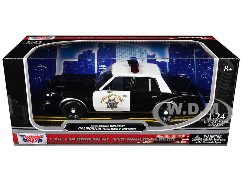 1986 Dodge Diplomat Police Car California Highway Patrol Black and White Law Enforcement and Public Service Series 1/24 Diecast Model Car Motormax 76466CHP
