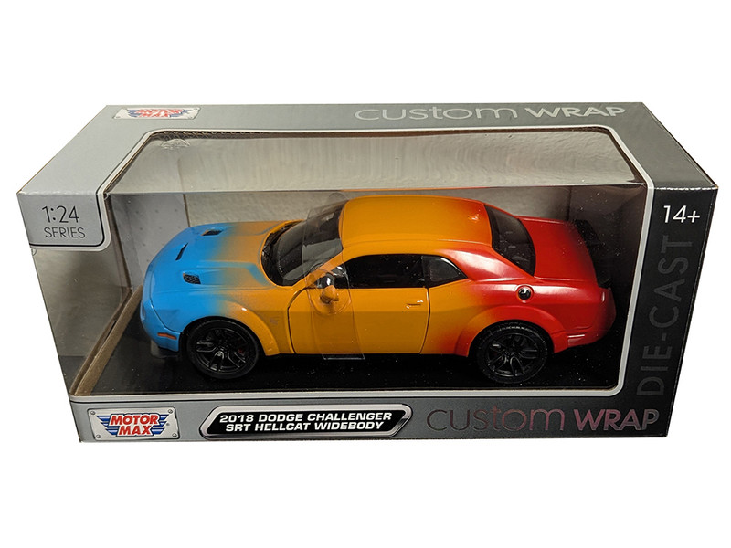 2018 Dodge Challenger SRT Hellcat Widebody Blue Orange and Red Gradient Custom Wrap Series 1/24 Diecast Model Car Motormax 79087