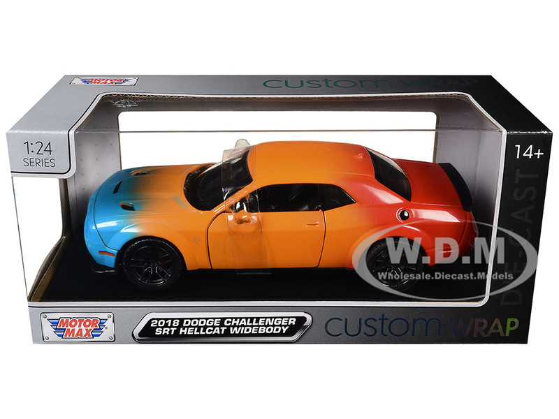 2018 Dodge Challenger SRT Hellcat Widebody Blue Orange and Red Gradient Custom Wrap Series 1/24 Diecast Model Car Motormax 79087