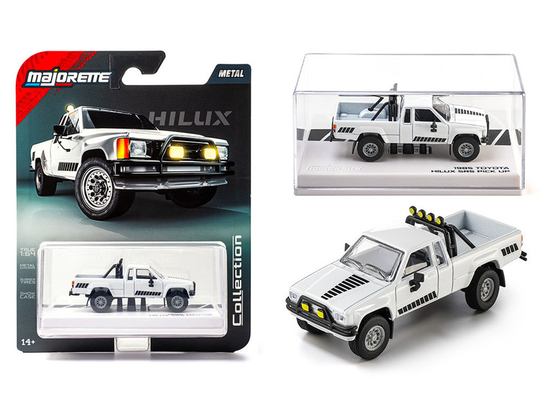 1985 Toyota Hilux SR5 Pickup Truck White with Black Graphics Collection Series 1/64 Diecast Model Car by Majorette MJ8505001022