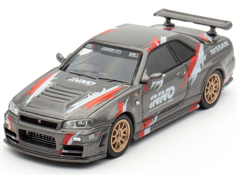 Nissan Skyline GT R R34 Z Tune RHD Right Hand Drive Gray Metallic with Graphics Indonesia Diecast Expo 2024 Exclusive Edition 1/64 Diecast Model Car Inno Models IN64-R34ZT-IDE11
