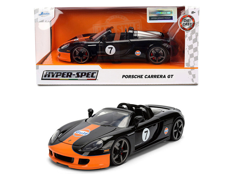 Porsche Carrera GT Convertible #7 Gulf Oil Black with Orange Graphics Hyper Spec Series 1/24 Diecast Model Car Jada 36487