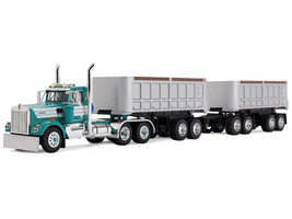 Kenworth W900A Day Cab with 22 Dual End Dump Trailers Turquoise with White Stripes 1/64 Diecast Model DCP/First Gear 60-2291