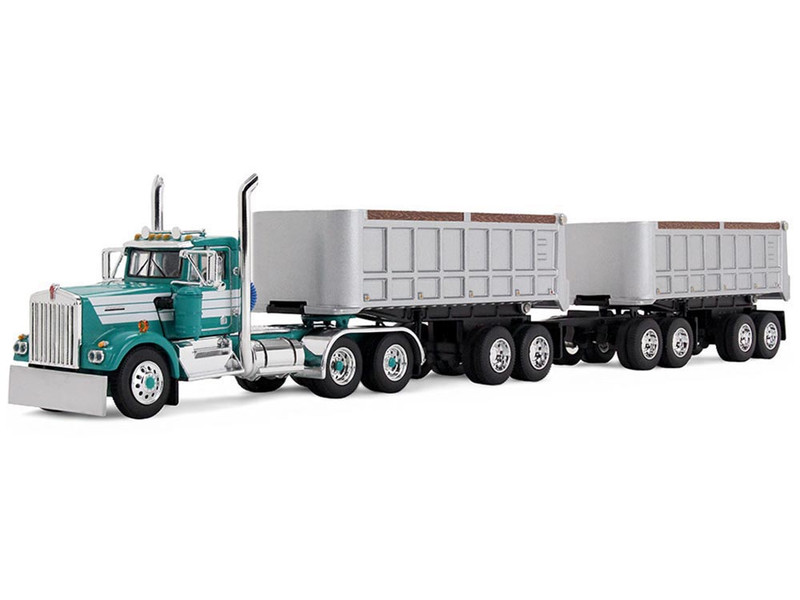 Kenworth W900A Day Cab with 22 Dual End Dump Trailers Turquoise with White Stripes 1/64 Diecast Model DCP/First Gear 60-2291