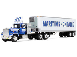 Mack Super Liner with 36 Vintage Sleeper and 40 Vintage Trailer with Reefer Maritime Ontario Blue with White Stripes Legacy Series #4 1/64 Diecast Model DCP/First Gear 69-2273