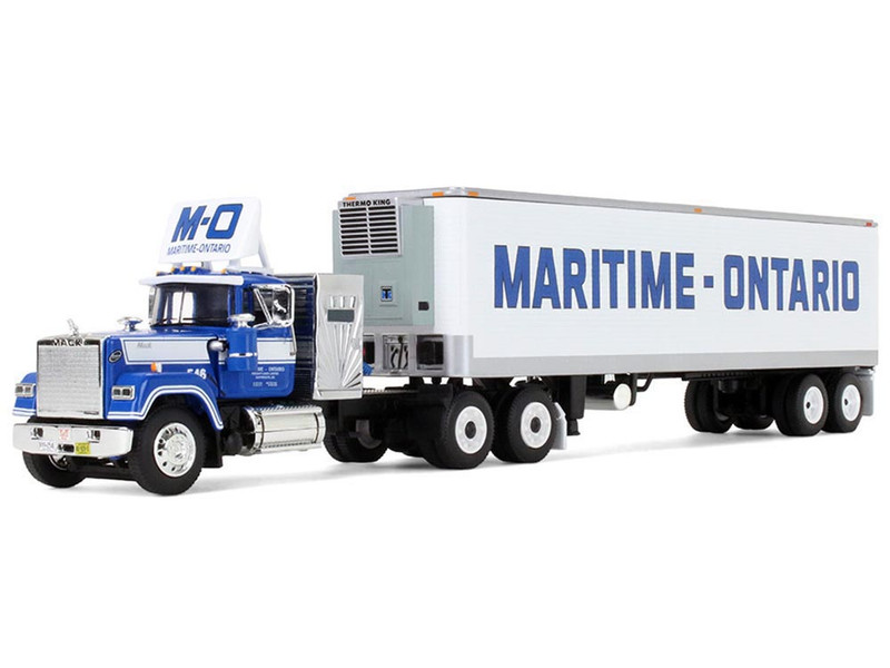 Mack Super Liner with 36 Vintage Sleeper and 40 Vintage Trailer with Reefer Maritime Ontario Blue with White Stripes Legacy Series #4 1/64 Diecast Model DCP/First Gear 69-2273