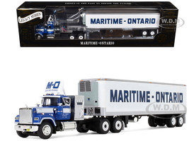 Mack Super Liner with 36 Vintage Sleeper and 40 Vintage Trailer with Reefer Maritime Ontario Blue with White Stripes Legacy Series #4 1/64 Diecast Model DCP/First Gear 69-2273