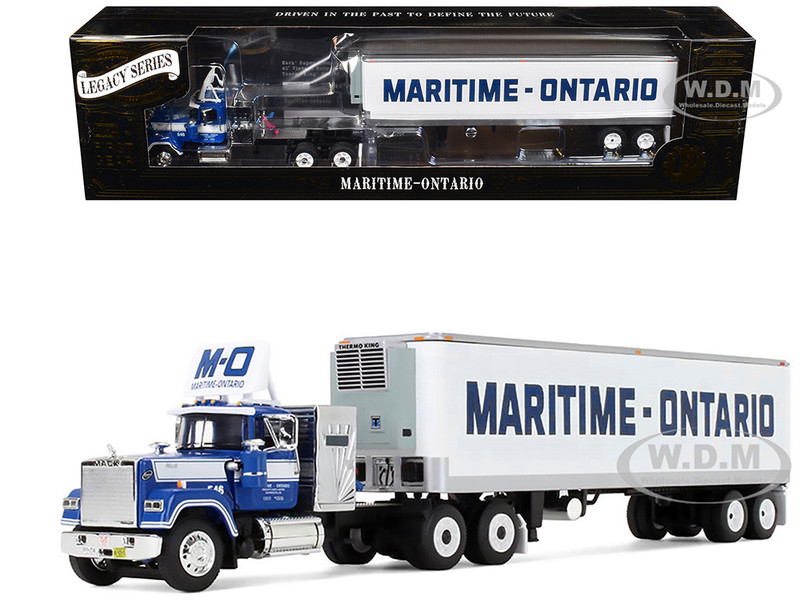 Mack Super Liner with 36 Vintage Sleeper and 40 Vintage Trailer with Reefer Maritime Ontario Blue with White Stripes Legacy Series #4 1/64 Diecast Model DCP/First Gear 69-2273