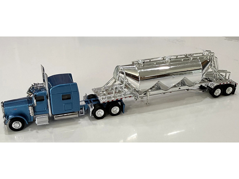 Peterbilt 389 Truck Tractor with Sleeper Cab Blue Metallic and Pneumatic Tank Trailer Chrome Combo Set 1/87 (HO) Plastic Model Car HO Logistics HL-38906-001