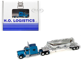 Peterbilt 389 Truck Tractor with Sleeper Cab Blue Metallic and Pneumatic Tank Trailer Chrome Combo Set 1/87 (HO) Plastic Model Car HO Logistics HL-38906-001