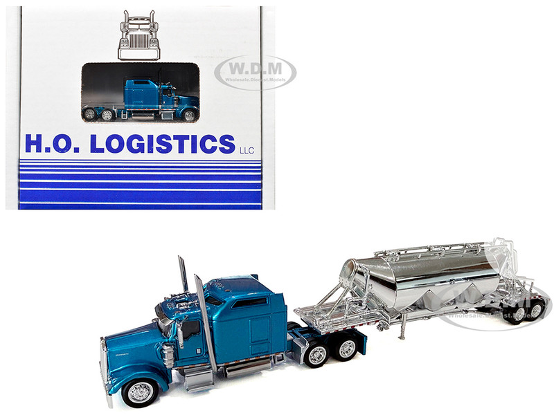 Kenworth W900L Truck Tractor with Sleeper Cab Blue Metallic and Pneumatic Tank Trailer Combo Set 1/87 (HO) Plastic Model Car HO Logistics HL-90006-001