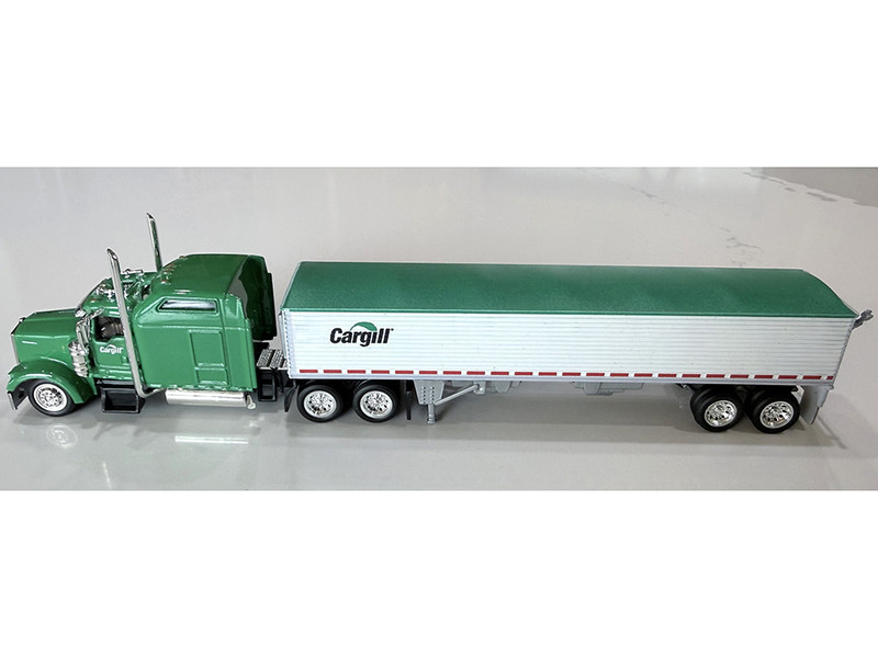 Kenworth W900L Truck Tractor with Sleeper Cab Cargill Green and Covered Grain Trailer White with Green Tarp Combo Set 1/87 (HO) Plastic Model Car HO Logistics HL-90011-465