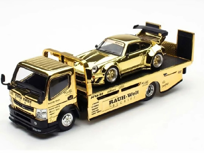 Nissan Pandem Fuso 300 Flatbed Truck RHD Right Hand Drive Gold Chrome and RWB 930 Gold Chrome with Graphics 2 Car Box Set Hobby Expo China 2026 1/64 Diecast Model Car Pop Race PR640477-0489