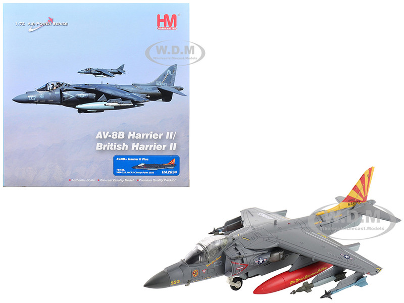 British Aerospace AV 8B Harrier II Plus Aircraft 164569 VMA 223 Bulldogs MCAS Cherry Point 2025 United States Marine Corps Air Power Series 1/72 Diecast Model Hobby Master HA2634