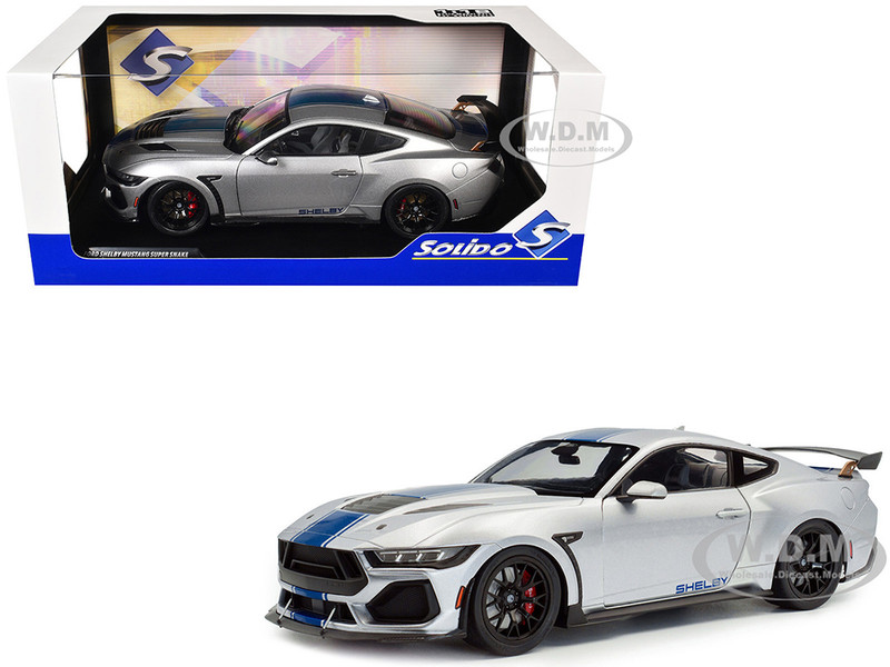 2024 Ford Shelby Mustang Super Snake Gray Metallic with Blue Stripes 1/18 Diecast Model Car Solido S1813803